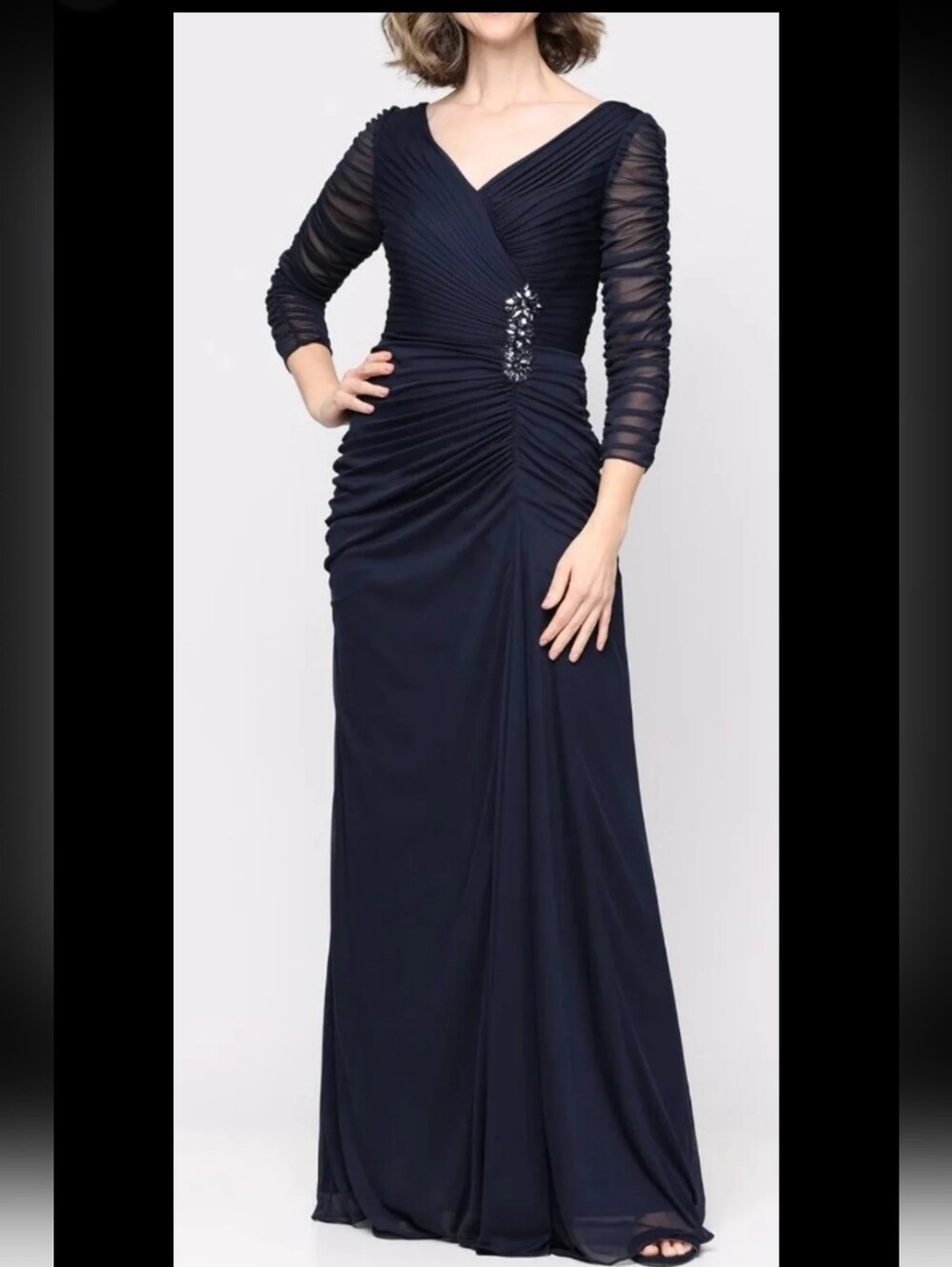 Adrianna Papell Crystal Embellished Ruched V-Neck Gown